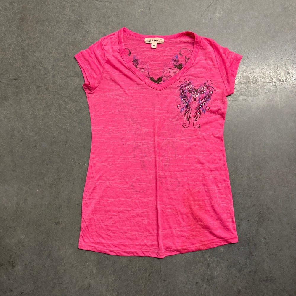 Lock & Love Hot Pink Burnout Graphic Tee Rhinestone Rose Heart Y2K XL